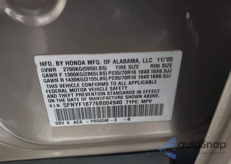 2006 Honda Pilot Ex-L z USA, uszkodzony, nr VIN 5FNYF18776B004940